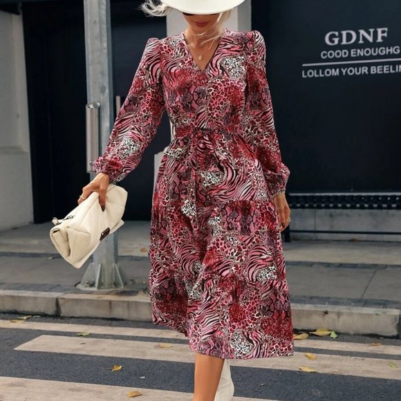 Animal Print Striped Layered Hem Belted Dress - Picture 5 of 7